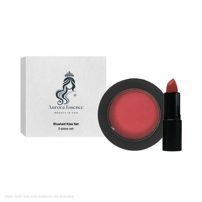Aurora Essence blushed kiss set with blush and lipstick on a white background