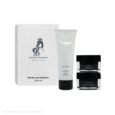 Aurora Essence Nourish Luxe Collection with cream tube and jar on a white background