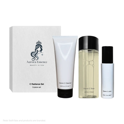 Aurora Essence C Radiance Set with four skincare products on a white background