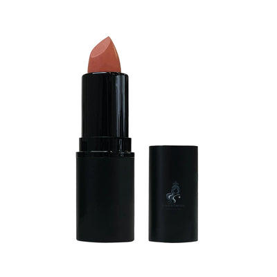 Lipstick with black casing and visible brand logo on a white background