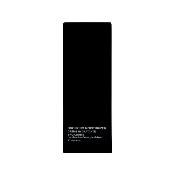 Black rectangular container  of Bronzing Moisturizer with white text on a white background