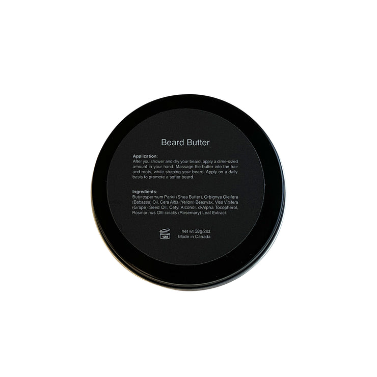 Black container of beard butter with text on a white background