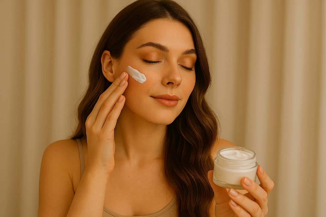 Woman applying cream to her face with a jar of cream in her other hand against a beige background