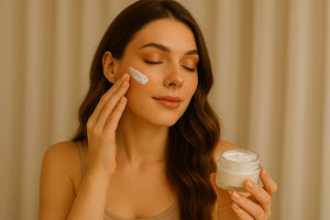 Woman applying cream to her face with a jar of cream in her other hand against a beige background